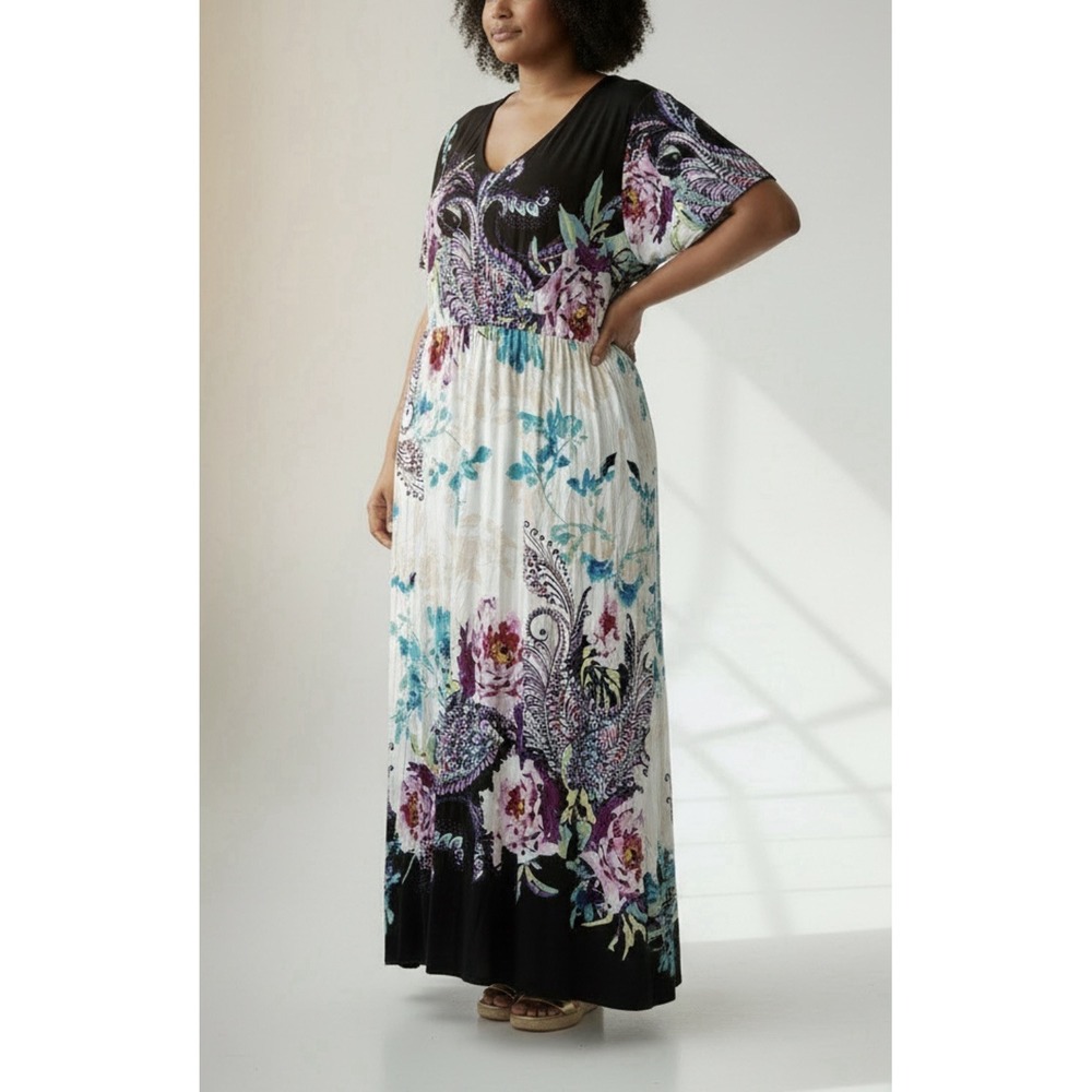 NWT Chicos Floral Paisley Patchwork Maxi Dress Vibrant Flutter Sleeve V-Neck 2X - Picture 2 of 7